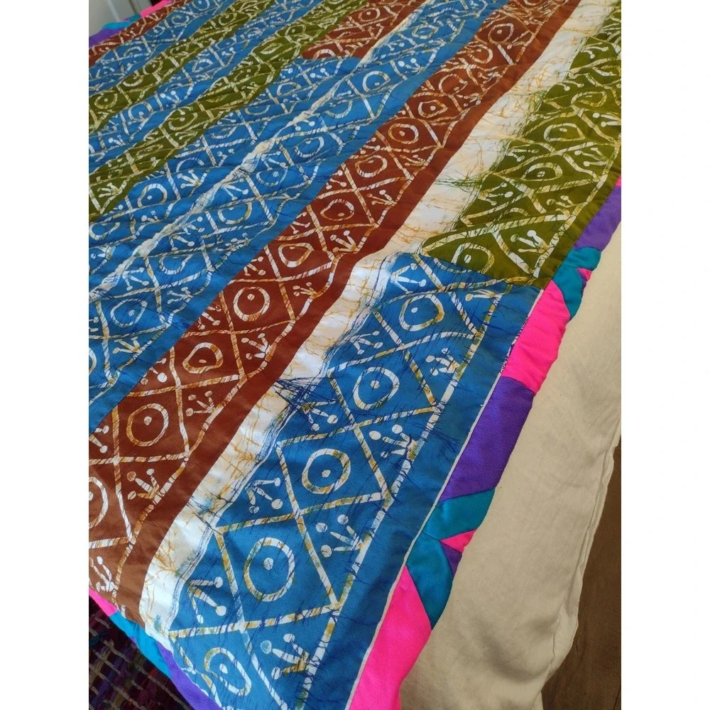Vtg Neon 70s Cutter Quilt Blanket Handmade Solid Pink Purple Turquoise 60x60